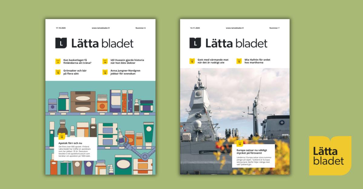 Lätta bladets två olika pärmar från hösten 2025 samt Lätta bladets gula logotyp.